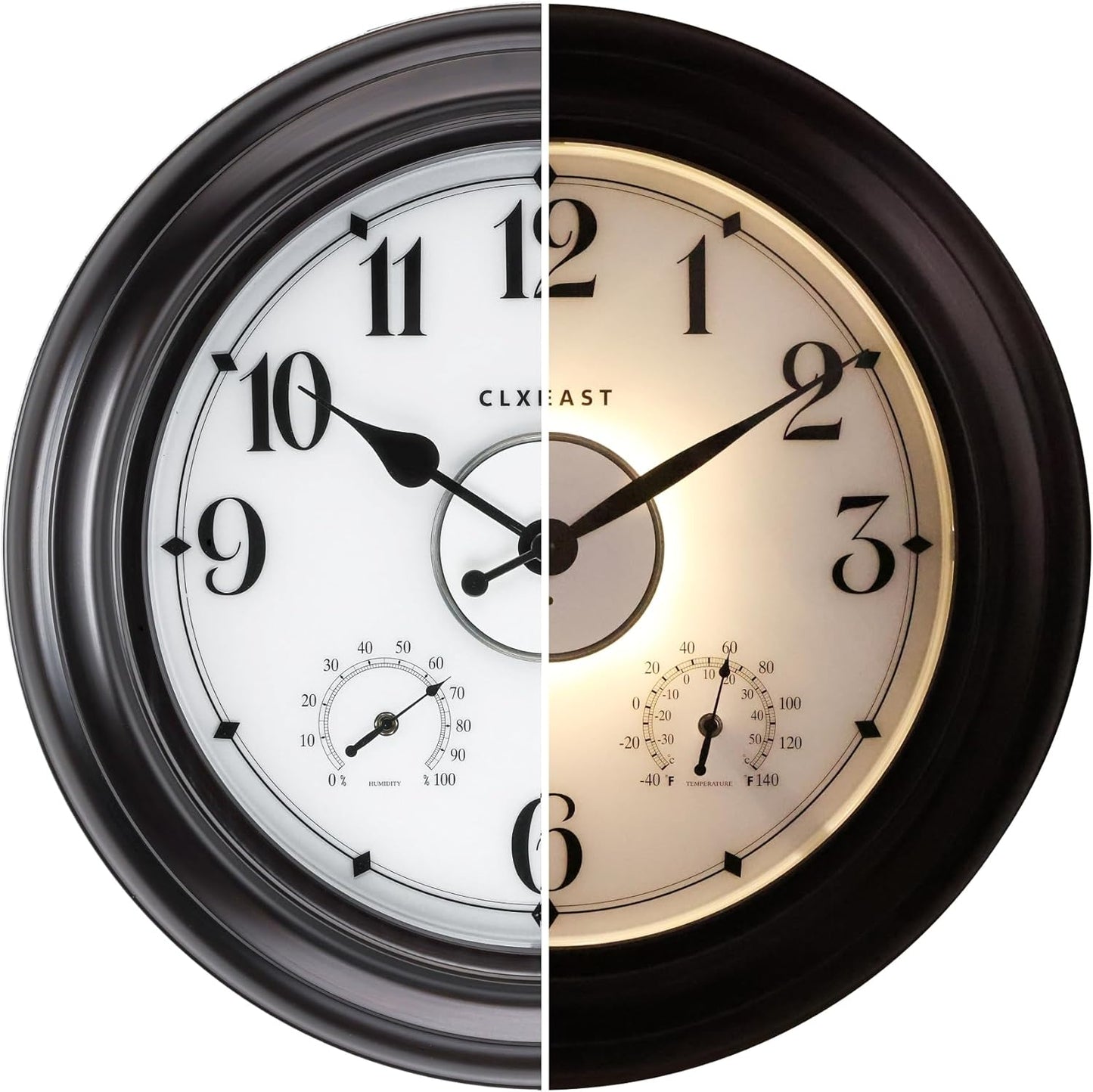 CLXEAST 24 Inch LED Illuminated Outdoor Clocks Waterproof with Thermometer & Hygrometer, Large Lighted Metal Wall Clock with Smart Night Light Sensor,Grey Oak Finish,House Warming Gifts New Home
