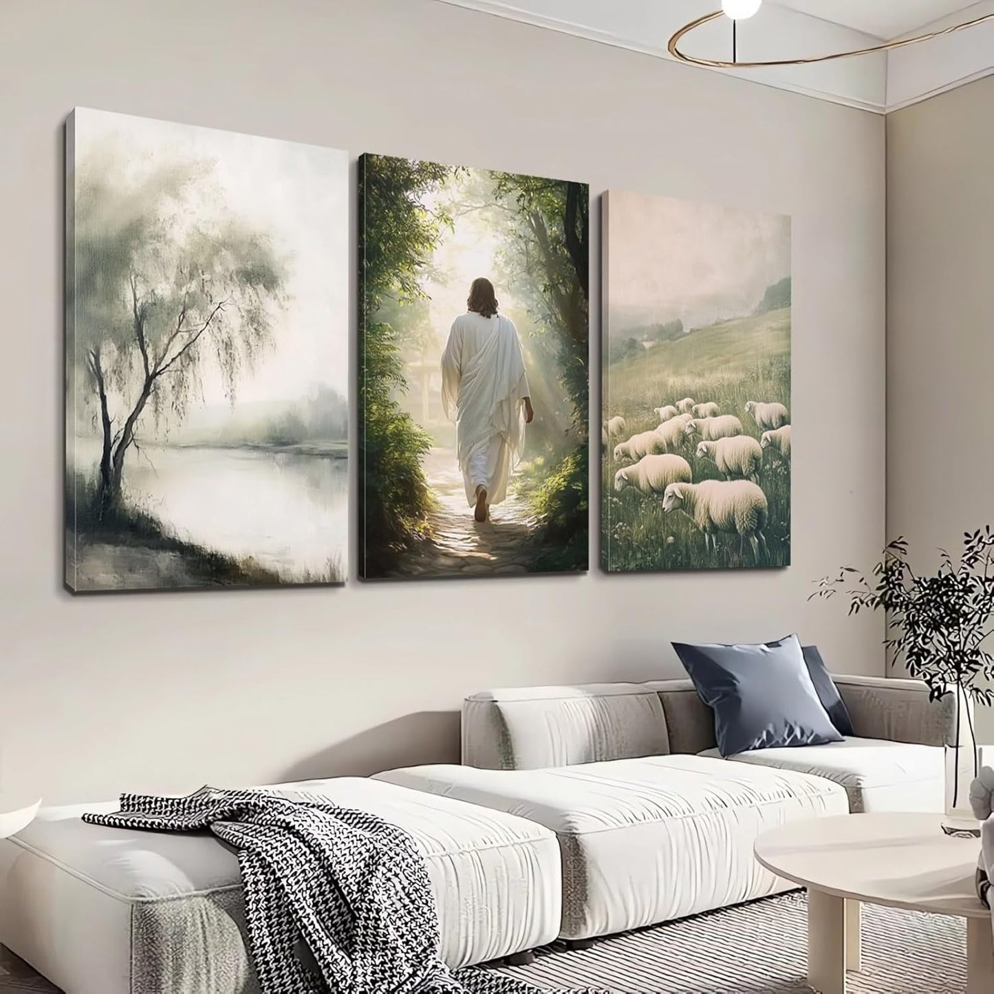 HOASDFO Jesus and Lamb Canvas Wall Prints, Jesus Canvas Wall Art, Christ Painting Decor, Christian Religious Poster Picture, Religious Spirit Artwork for Church Living Room (24" x 36" x 3pc)