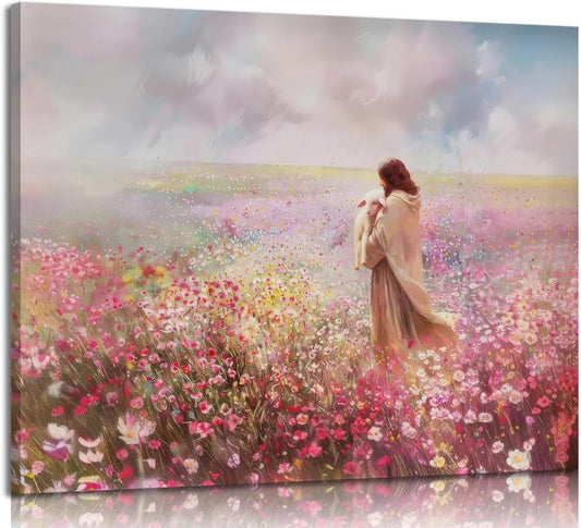 Jesus and Lamb Canvas Wall Art The Lost Lamb Christian Painting Picture Wall Decor God Religious Belief Poster Print Artwork for Church Bedroom Living Room Home Decoration,36x24in Canvas