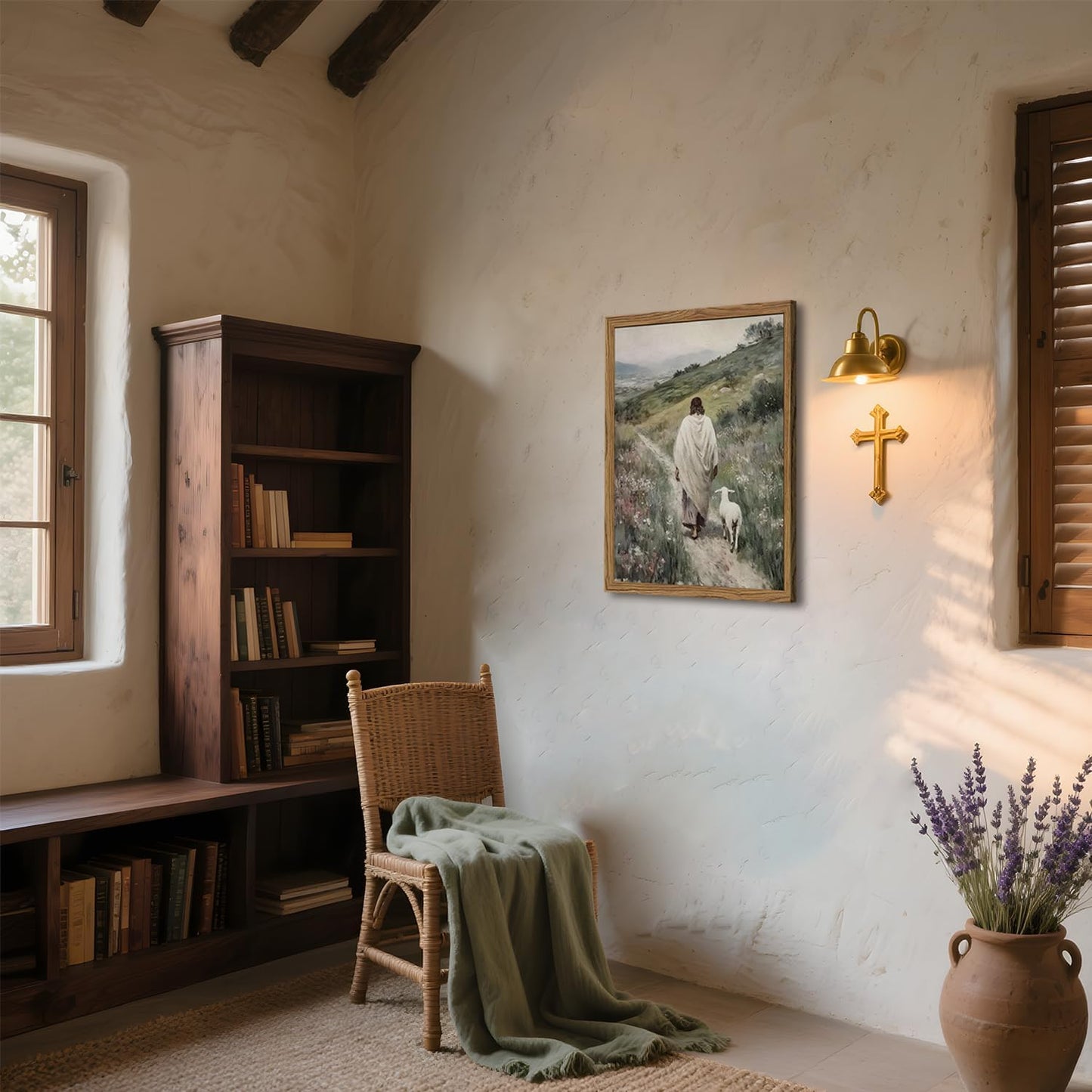 Jesus and Lamb Wall Art 3D Textured Hand Drawn Sandstone Lost Lamb Wall Decor, Jesus Leaves the 99 Sheep Christian Paintings Artwork for Living Prayer Room Bedroom 24x36 inch Wood Framed