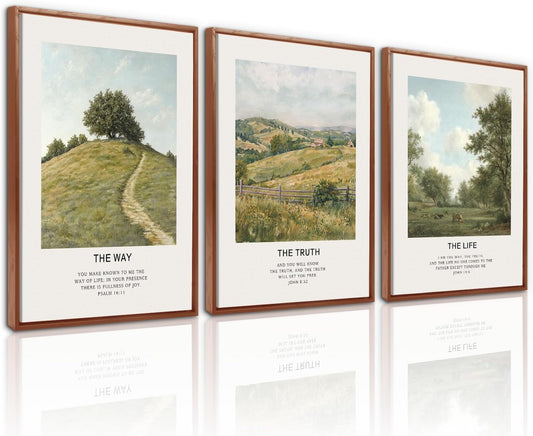 LHIUEM Vintage Christian Framed Canvas Wall Art Set of 3(12”X16”) The Way The Truth The Life Wall Decor,Bible Verse Artwork Scripture Wall Painting,Religious Art Prints for Living Room,Bedroom,Office