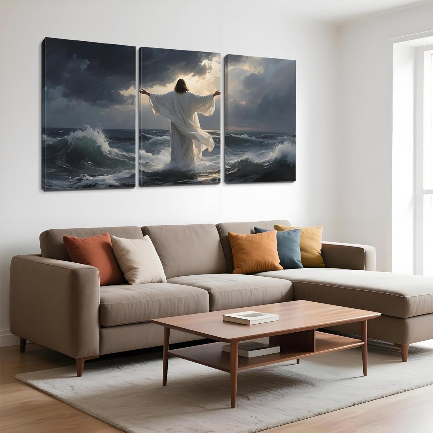 Jesus on The Sea Canvas Print, Jesus Calm Storm Canvas Wall Painting, Christian Bible Stories Painting Picture, Religious Wall Decor, Christian Wall Art, Wall Decor Living Room (16" x 24" x 3pc)