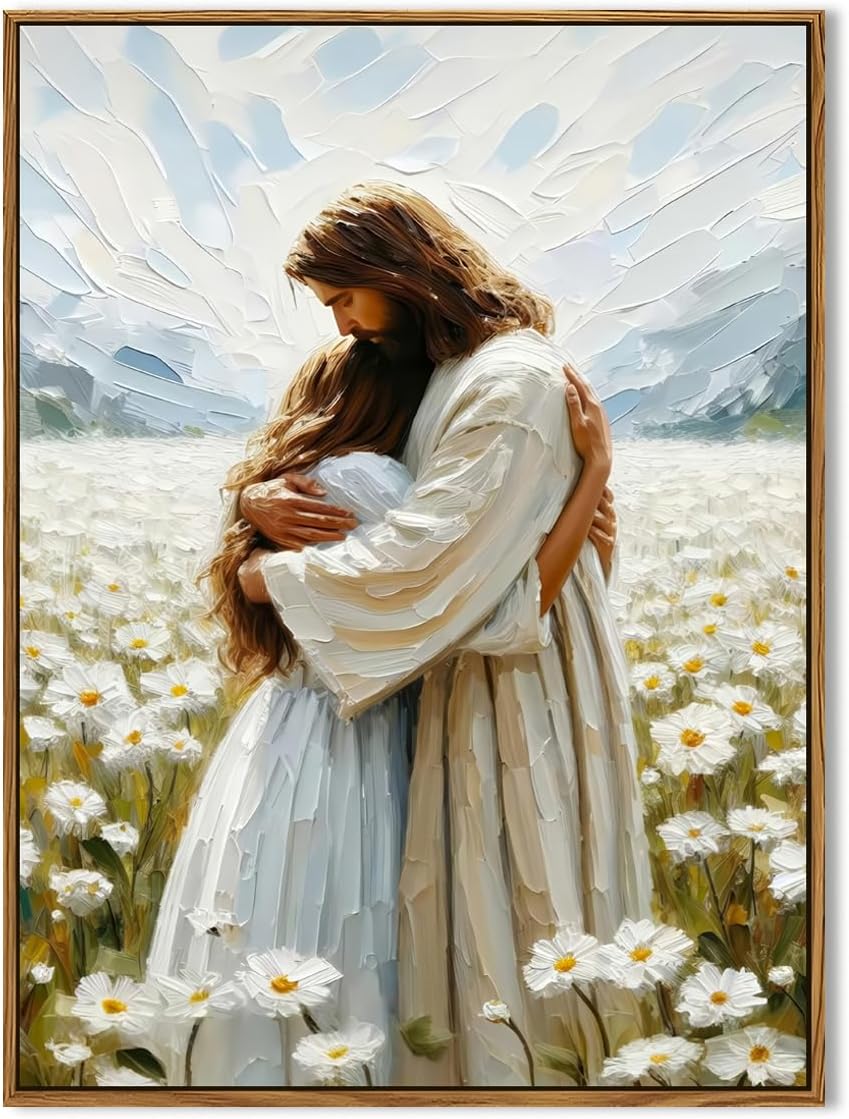 Jesus and Lamb Wall Art 3D Textured Hand Drawn Sandstone Lost Lamb Wall Decor, Jesus Leaves the 99 Sheep Christian Paintings Artwork for Living Prayer Room Bedroom 24x36 inch Wood Framed