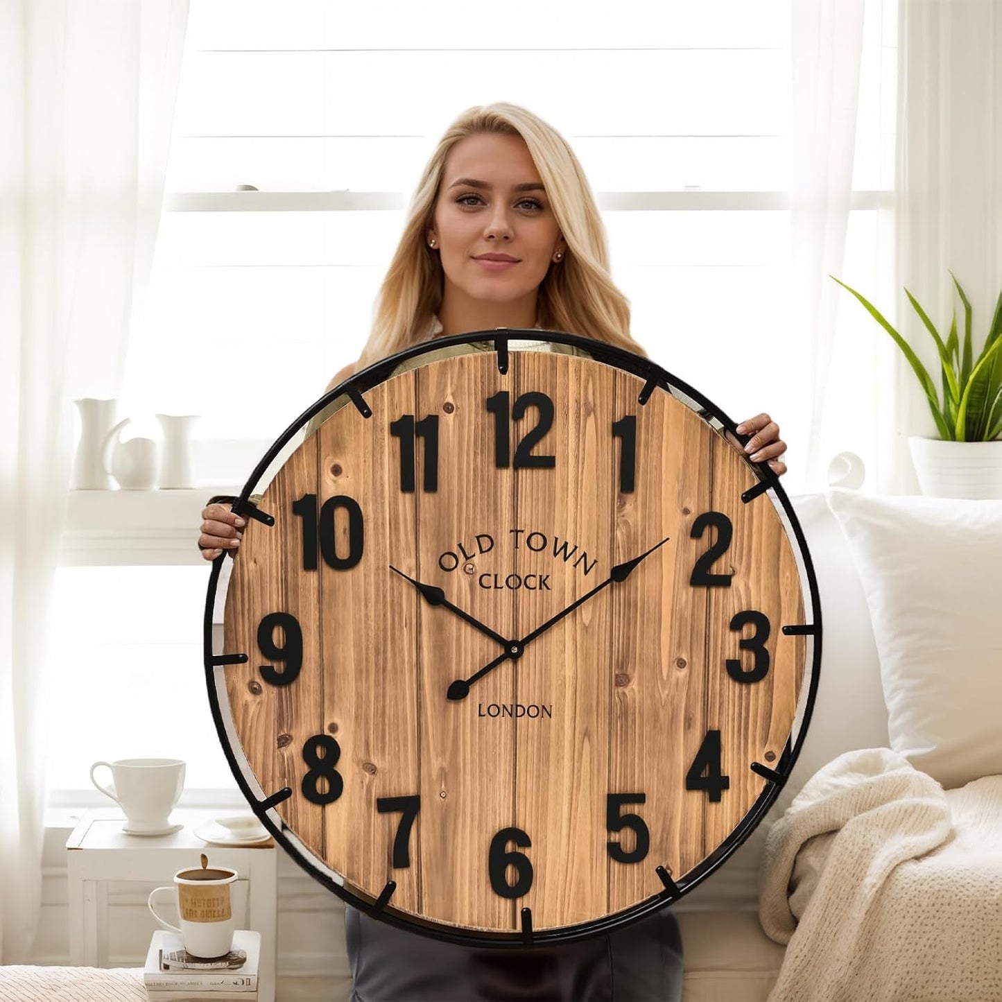 30 Inch Large Wall Clock Farmhouse Style - Brown Silent Non-Ticking Rustic Decor for Living Room, Kitchen, Bedroom