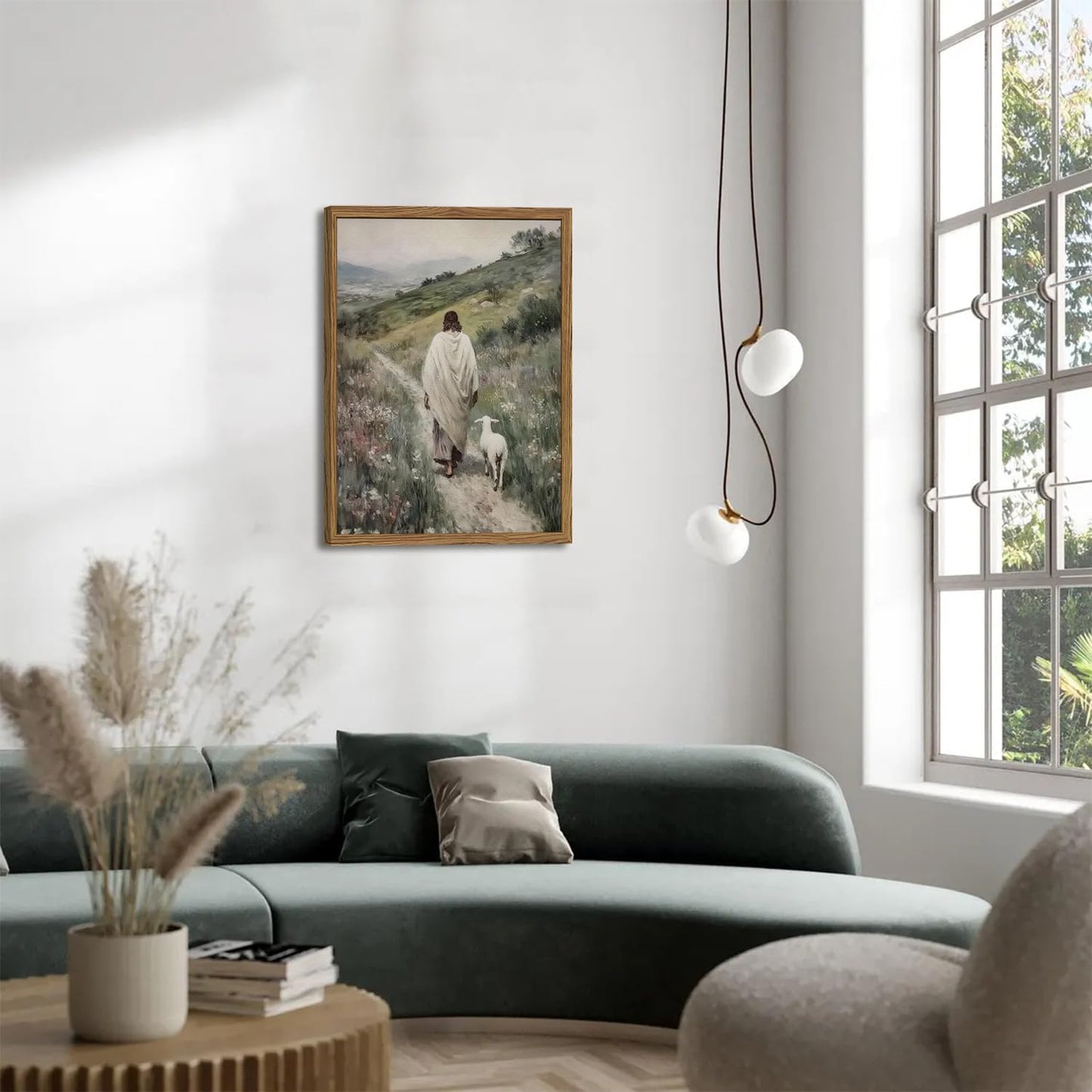 Jesus and Lamb Wall Art 3D Textured Hand Drawn Sandstone Lost Lamb Wall Decor, Jesus Leaves the 99 Sheep Christian Paintings Artwork for Living Prayer Room Bedroom 24x36 inch Wood Framed