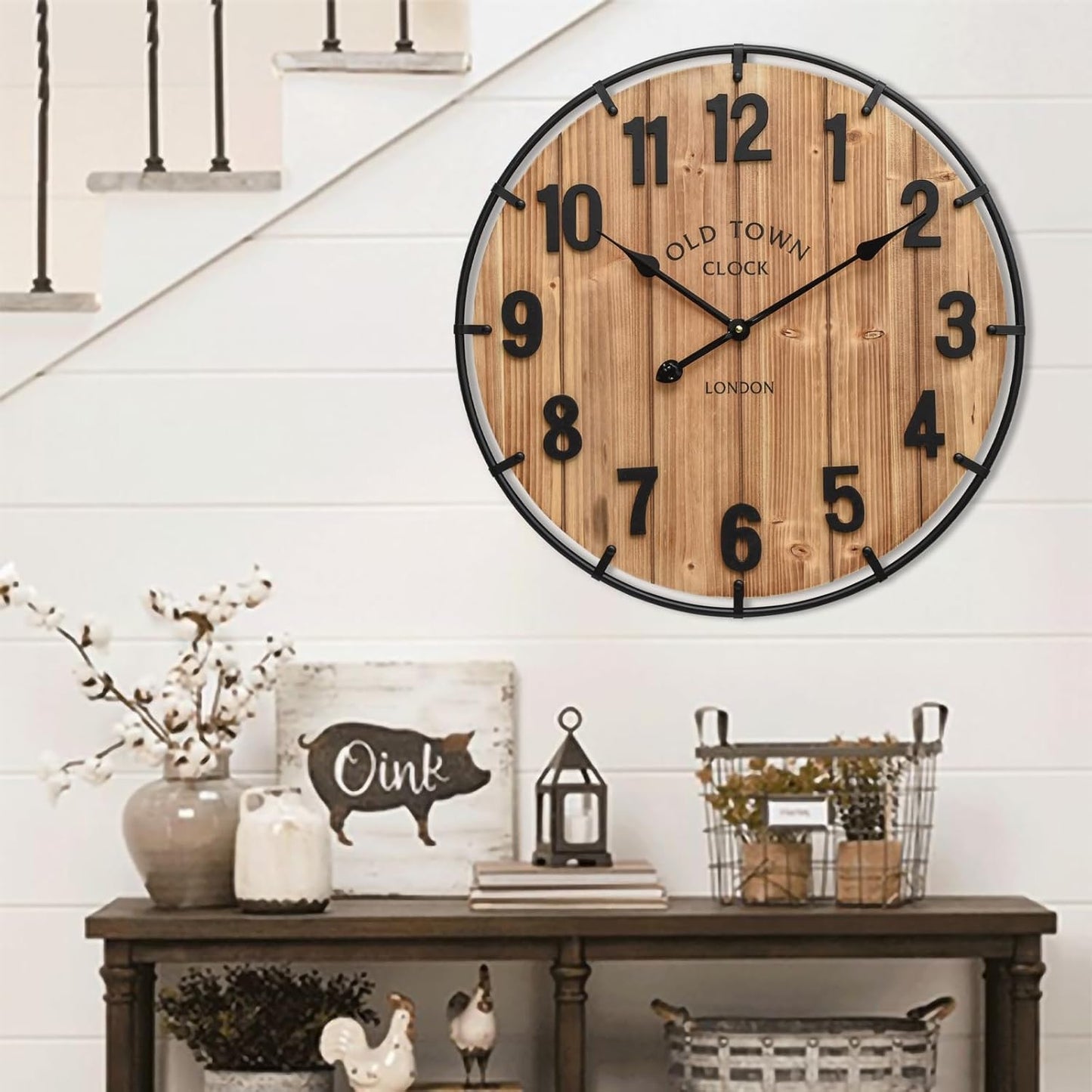 Large Old Town Farmhouse Wall Clock 30 Inches Rustic Antique Wood with Metal Circle and Large Numerals Silent Battery Operated Wall Clock for Office Kitchen Bedroom Living Room