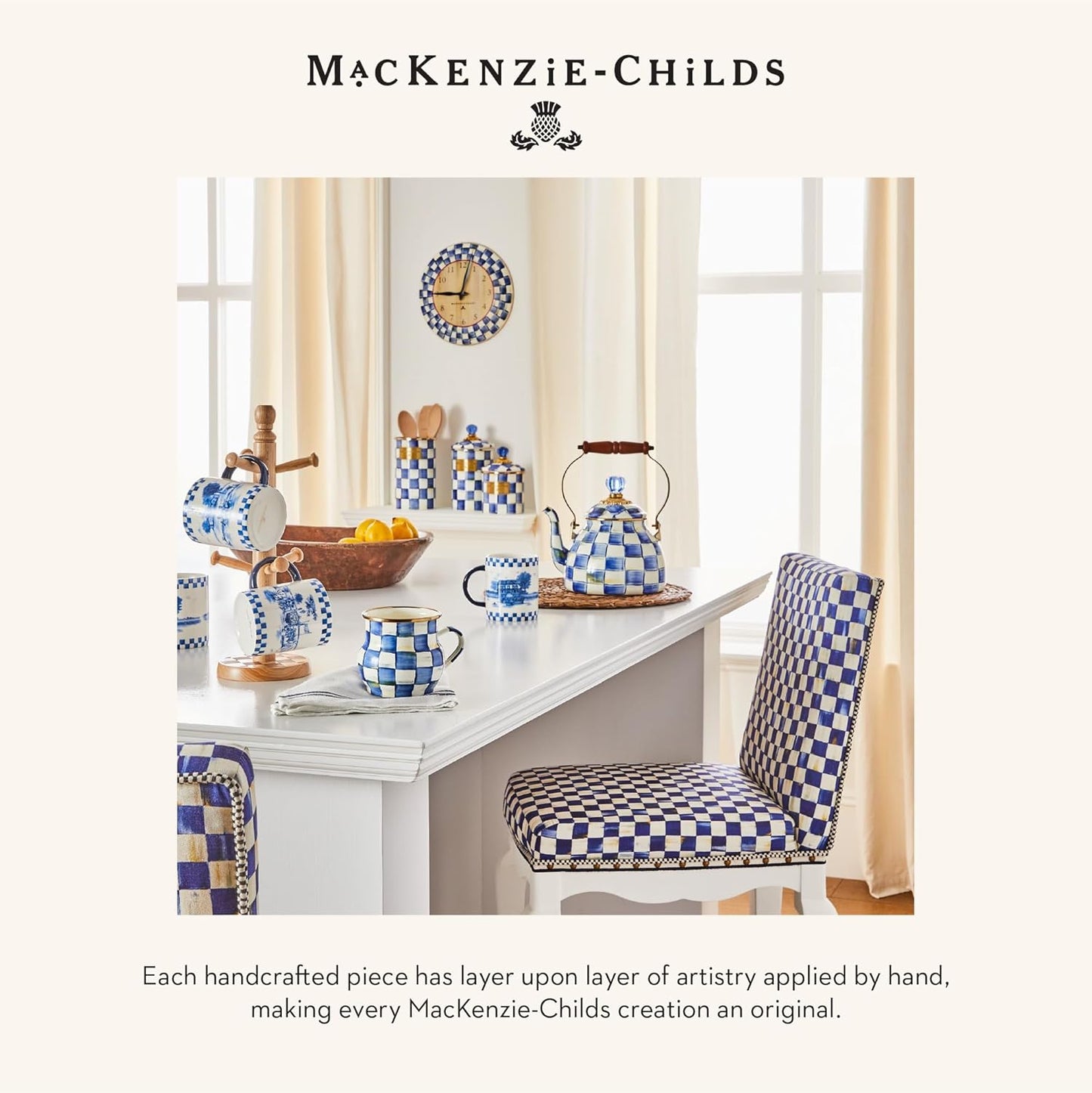 MACKENZIE-CHILDS Wall Clock, Decorative Clock for Kitchen and Living Room, Blue-and-White Royal Check