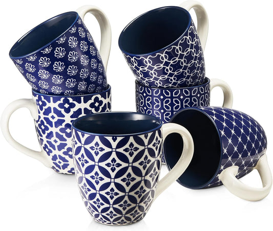 DOWAN Coffee Mugs Set of 6, 16 oz Large Porcelain Coffee Cups with Handle for Coffee Tea and Cocoa, Ceramic Coffee Mug for Women Men, Housewarming Wedding Gift, Vintage Blue