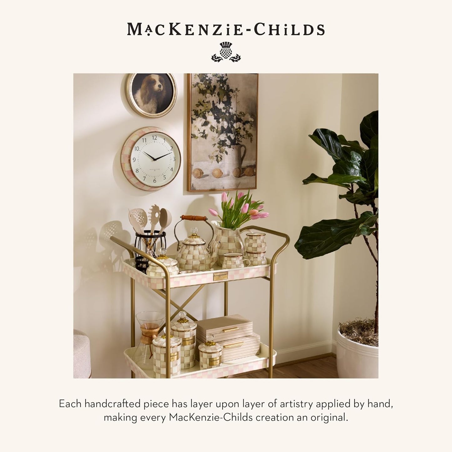 MACKENZIE-CHILDS Wall Clock, Decorative Enamel Clock for Kitchen and Living Room, Pink-and-White Rosy Check