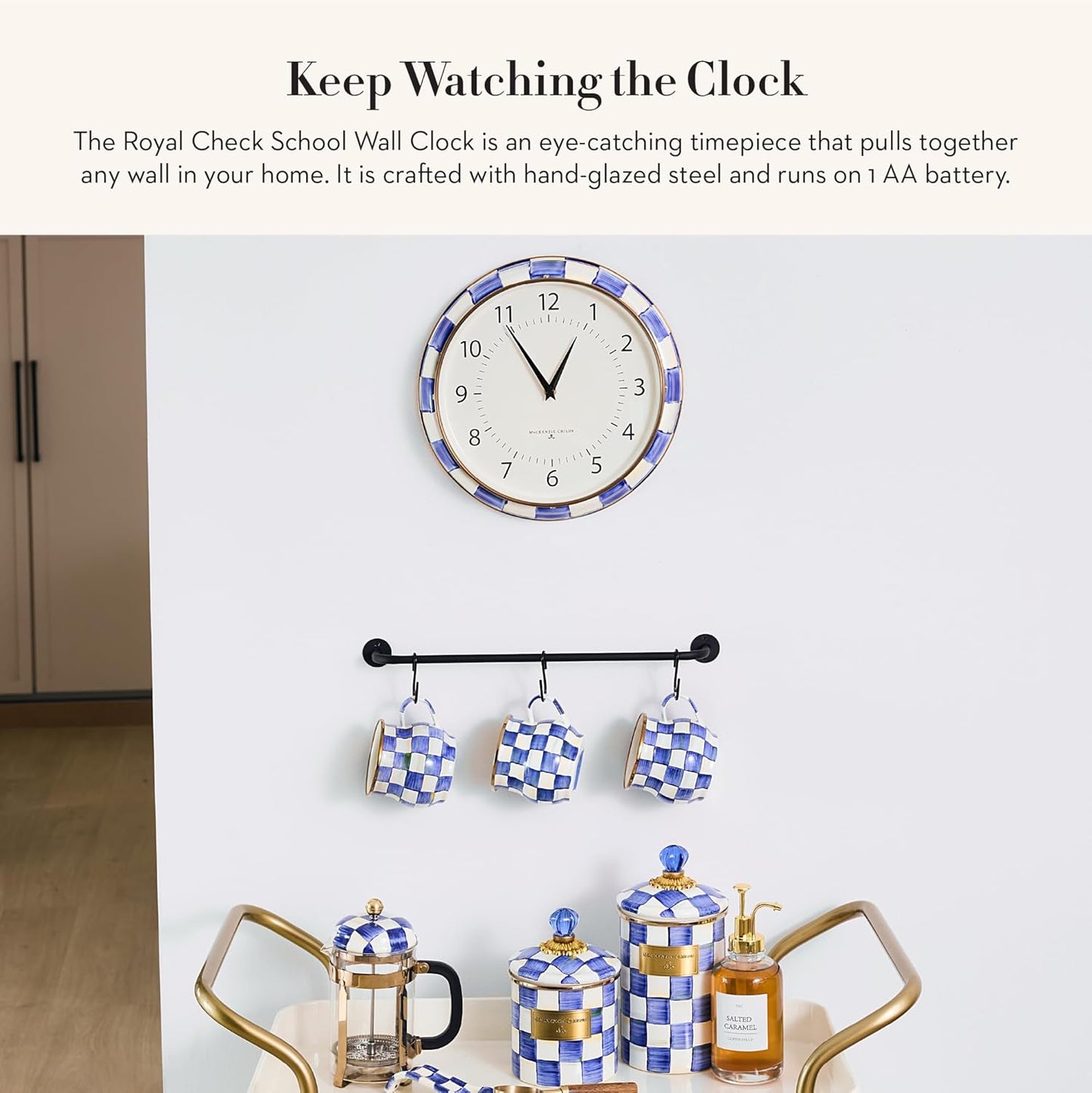 MACKENZIE-CHILDS Wall Clock, Decorative Clock for Kitchen and Living Room, Blue-and-White Royal Check