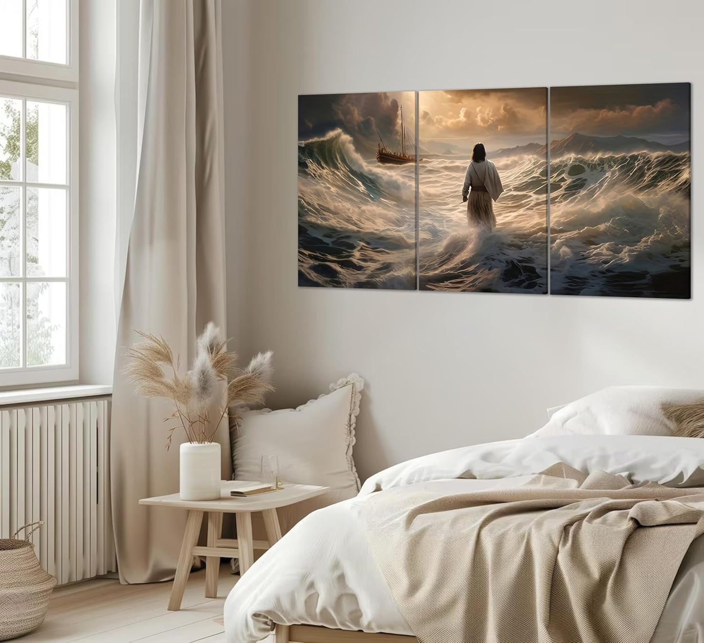3Pcs Jesus Walking On Water Canvas Wall Art Christian Bible Stories Painting Picture Wall Decor Religious Spirit Faith Poster Print Artwork For Living Room Bedroom Church Ready To Hang