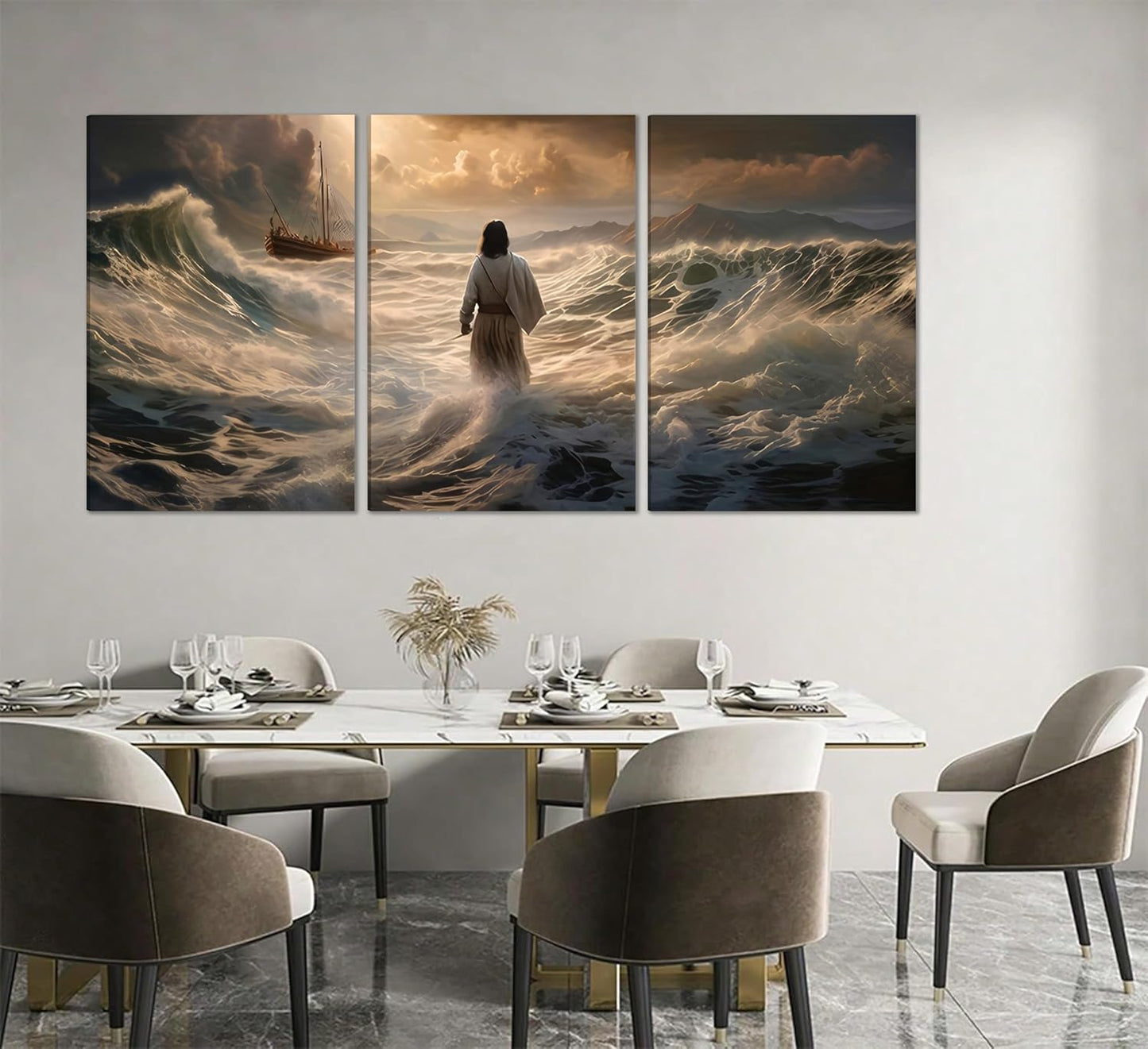 3Pcs Jesus Walking On Water Canvas Wall Art Christian Bible Stories Painting Picture Wall Decor Religious Spirit Faith Poster Print Artwork For Living Room Bedroom Church Ready To Hang
