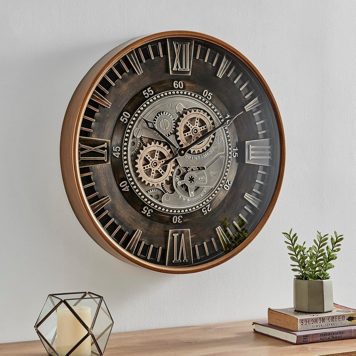 CLXEAST 24 Inch Wall Clock with Moving Gears,Oversized Large Industrial Steampunk Clock, Antique Gold Metal Roman Numeral Wall Clocks for Farmhouse Living Room Decor