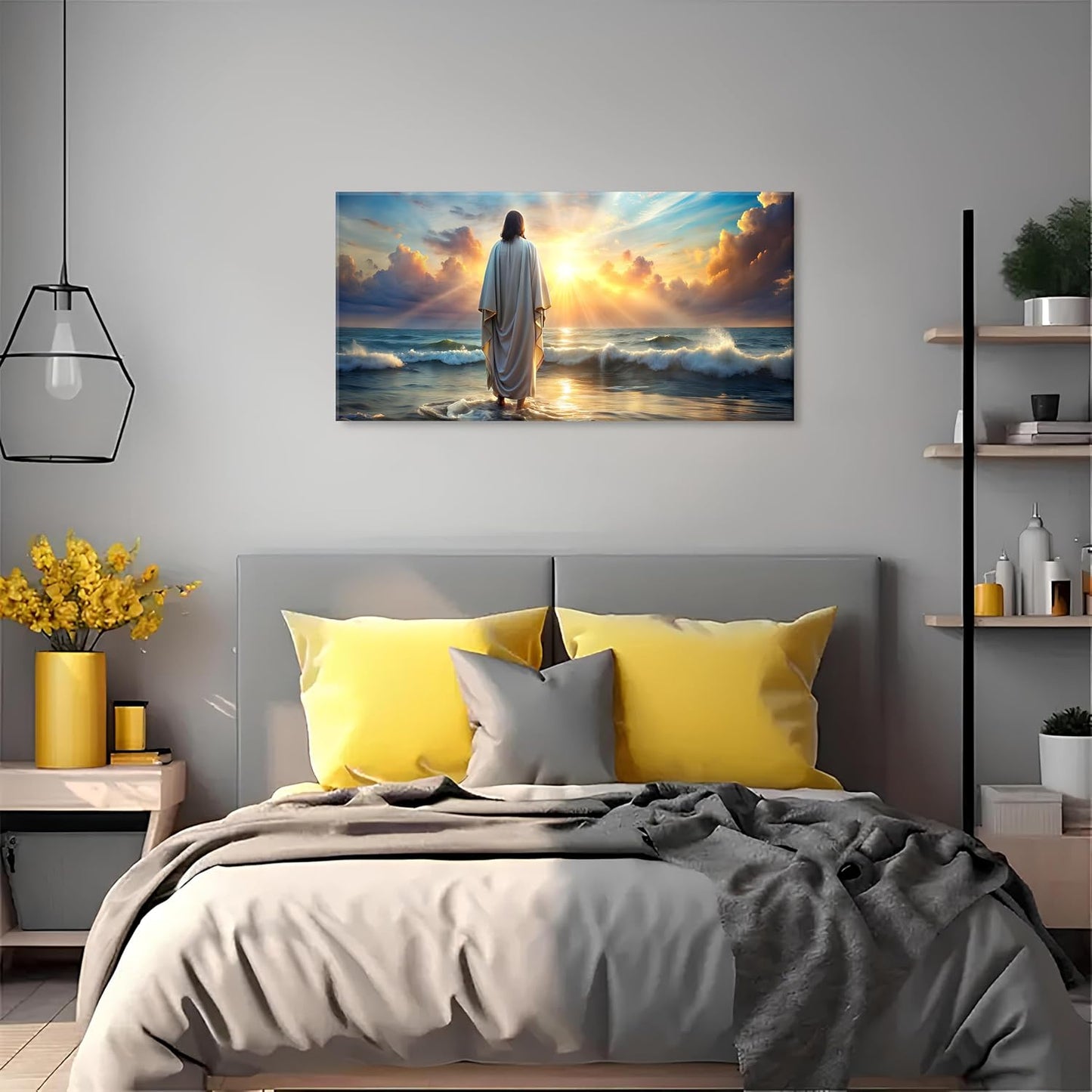 Jesus Walking on Water Wall Art Inspirational Biblical Wall Decor Jesus Walking on Sunset Ocean Picture Christian Religious Painting Decor Nature Beach Poster Artwork Church Home Decorations 20x40”