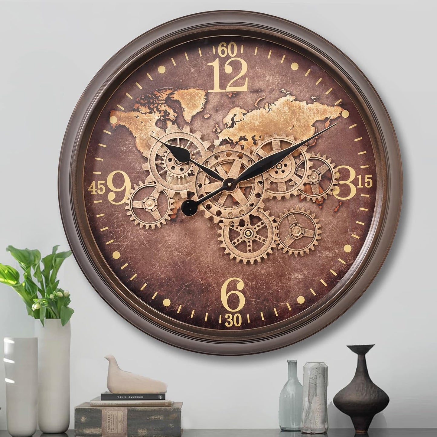 CLXEAST 24 Inch Wall Clock with Moving Gears,Oversized Large Industrial Steampunk Clock, Antique Gold Metal Roman Numeral Wall Clocks for Farmhouse Living Room Decor