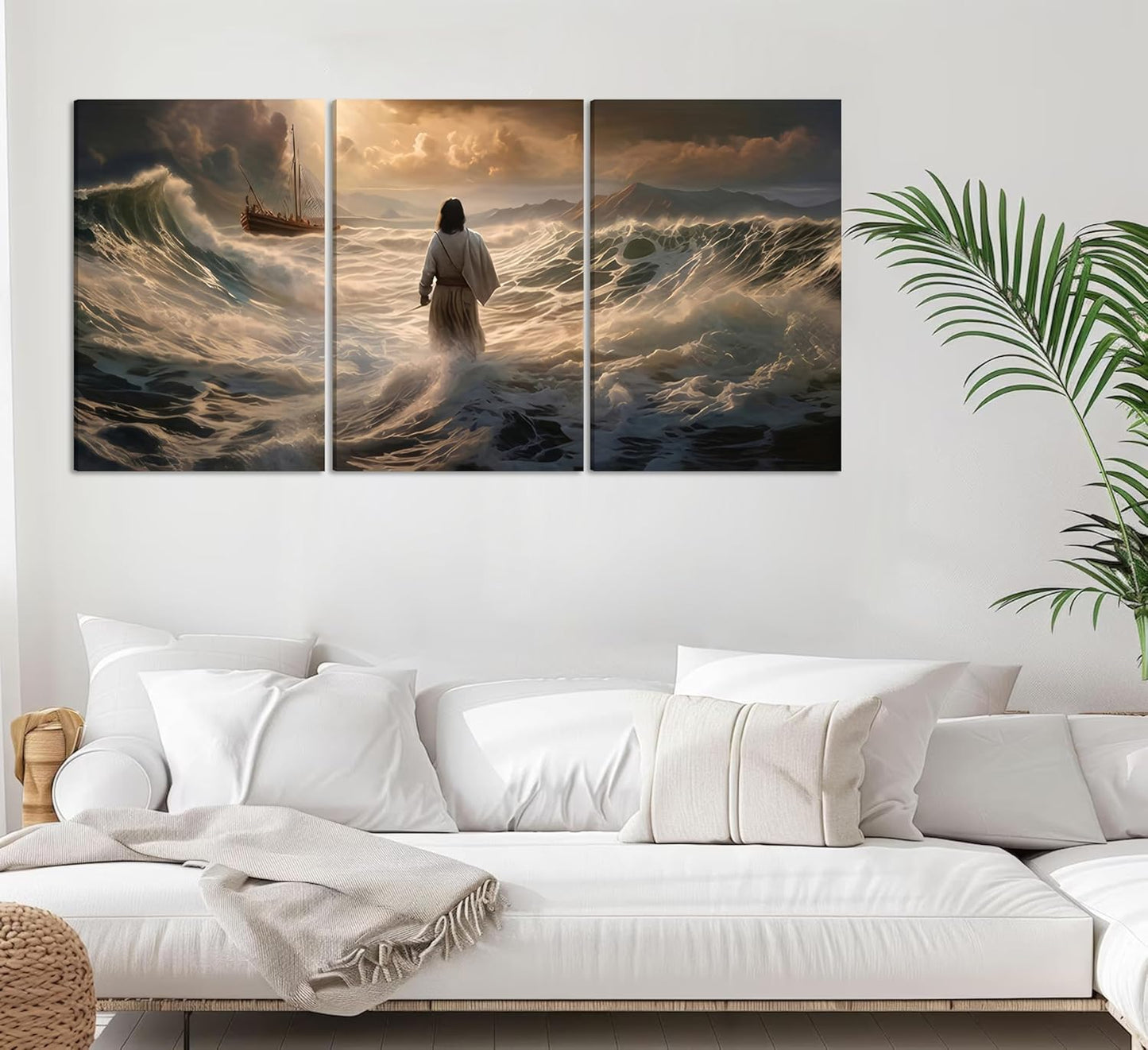 3Pcs Jesus Walking On Water Canvas Wall Art Christian Bible Stories Painting Picture Wall Decor Religious Spirit Faith Poster Print Artwork For Living Room Bedroom Church Ready To Hang
