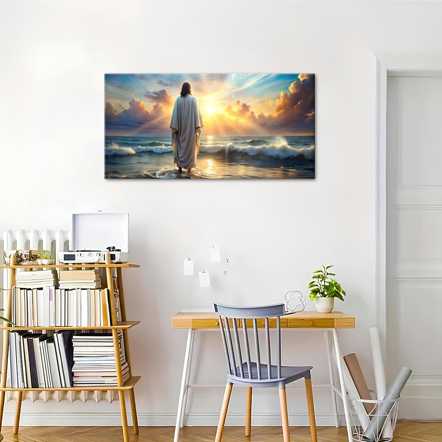 Jesus Walking on Water Wall Art Inspirational Biblical Wall Decor Jesus Walking on Sunset Ocean Picture Christian Religious Painting Decor Nature Beach Poster Artwork Church Home Decorations 20x40”