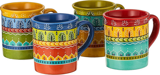 Valencia Mugs Set of 4 – 16 oz Colorful Ceramic Coffee Cups with Bold Multicolor Patterns, Microwave & Dishwasher Safe, Boho Kitchen Drinkware for Tea, Cocoa & More