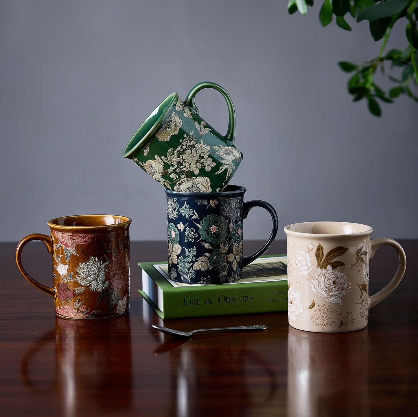 Coffee Mugs Set of 4, 12oz Ceramic Tea Cups with Floral Design, Hand wash only, Microwaveable, Gift Box, Perfect for Cappuccino, Latte, Hot Chocolate–Tazas Para Café Bonitas (Royal Bloom)