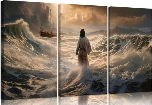 3Pcs Jesus Walking On Water Canvas Wall Art Christian Bible Stories Painting Picture Wall Decor Religious Spirit Faith Poster Print Artwork For Living Room Bedroom Church Ready To Hang