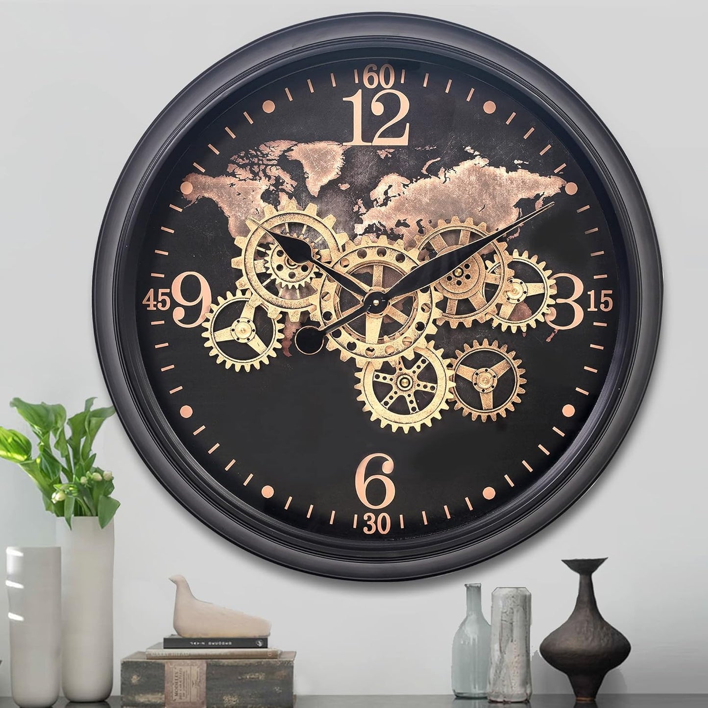CLXEAST 24 Inch Wall Clock with Moving Gears,Oversized Large Industrial Steampunk Clock, Antique Gold Metal Roman Numeral Wall Clocks for Farmhouse Living Room Decor