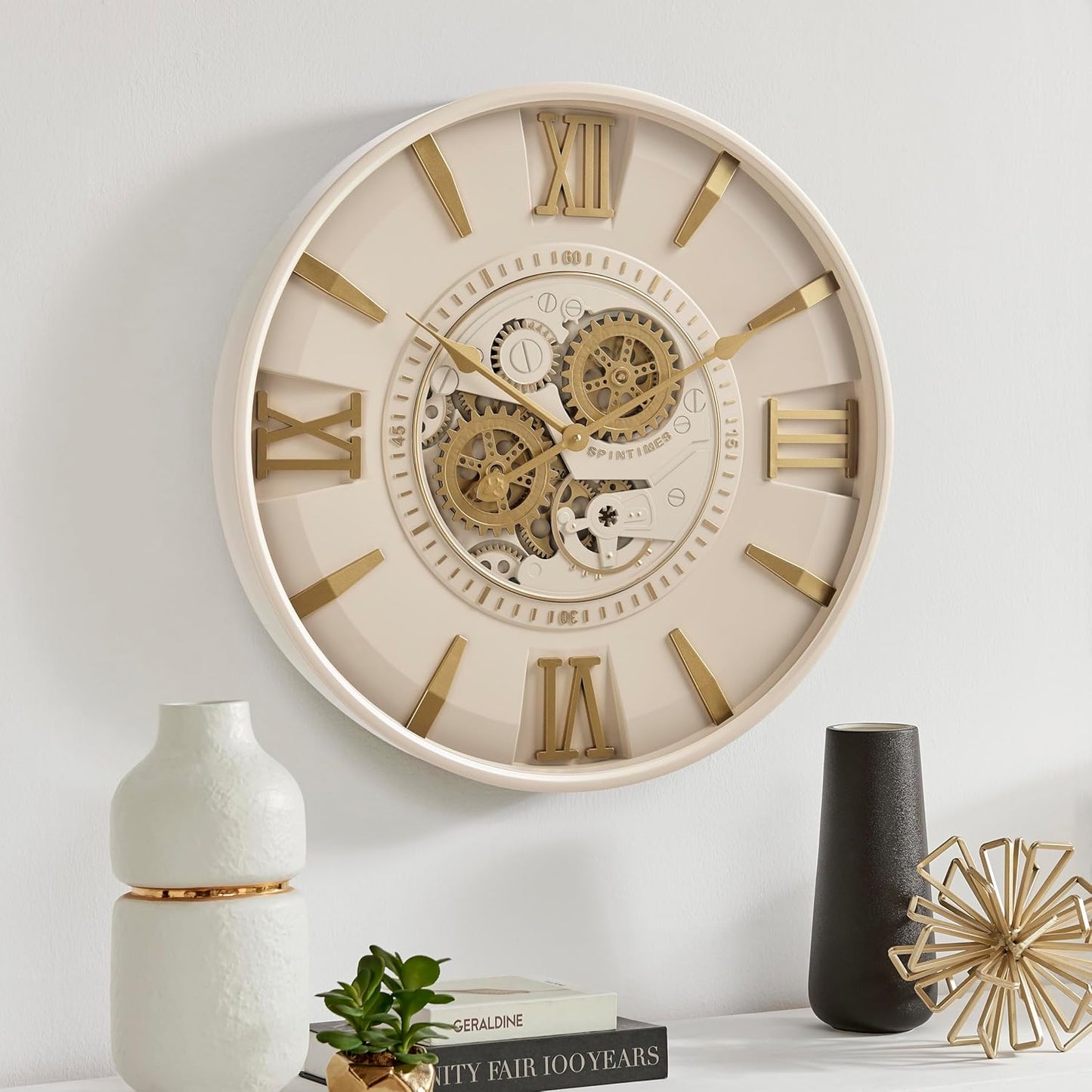 CLXEAST 24 Inch Wall Clock with Moving Gears,Oversized Large Industrial Steampunk Clock, Antique Gold Metal Roman Numeral Wall Clocks for Farmhouse Living Room Decor