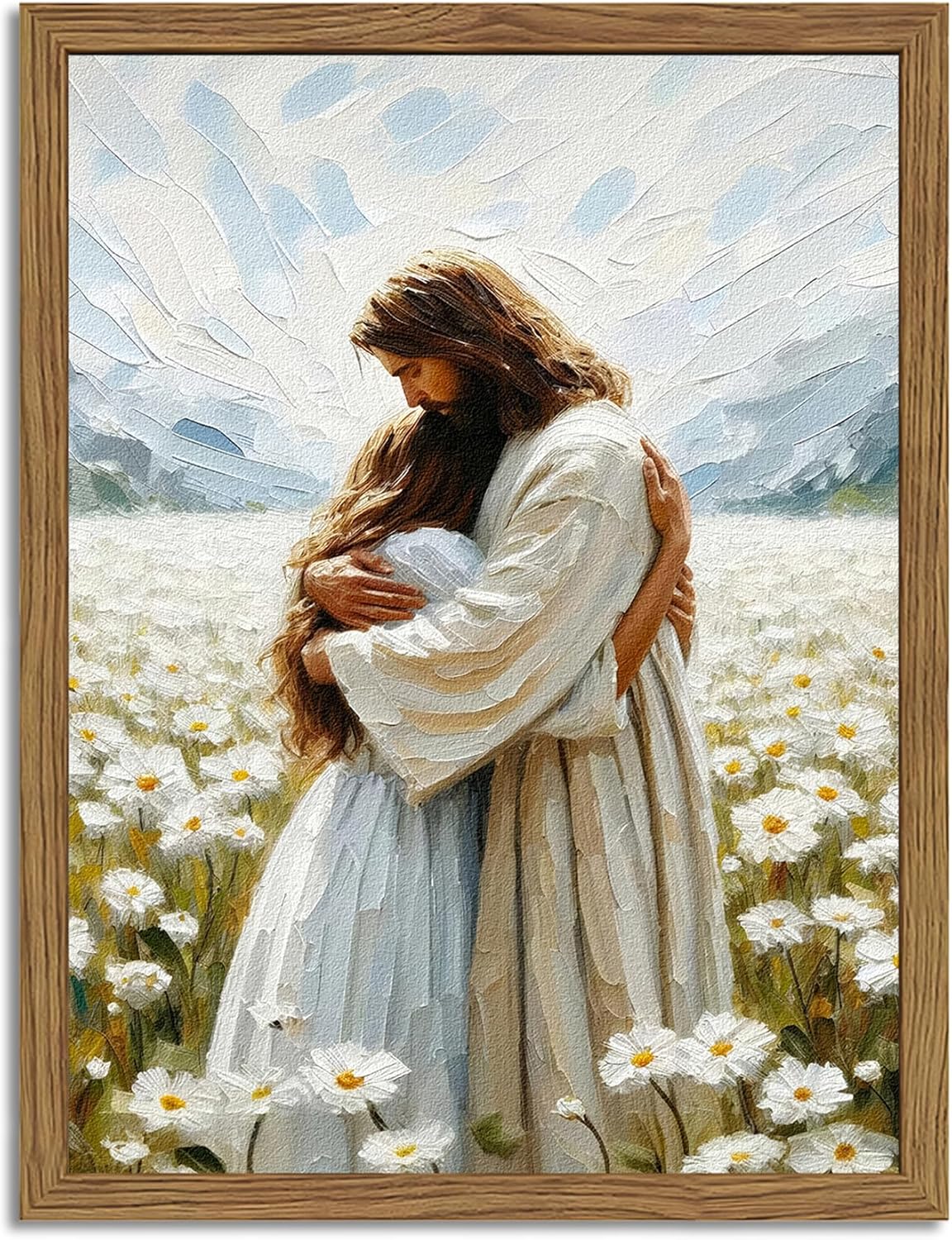 Jesus and Lamb Wall Art 3D Textured Hand Drawn Sandstone Lost Lamb Wall Decor, Jesus Leaves the 99 Sheep Christian Paintings Artwork for Living Prayer Room Bedroom 24x36 inch Wood Framed