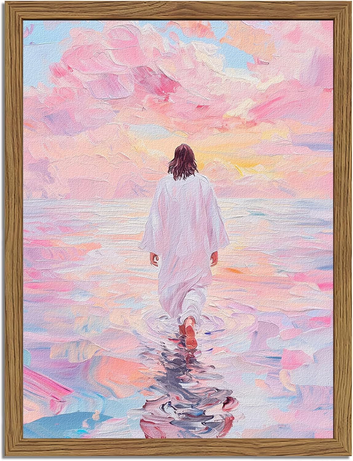 Jesus and Lamb Wall Art 3D Textured Hand Drawn Sandstone Lost Lamb Wall Decor, Jesus Leaves the 99 Sheep Christian Paintings Artwork for Living Prayer Room Bedroom 24x36 inch Wood Framed