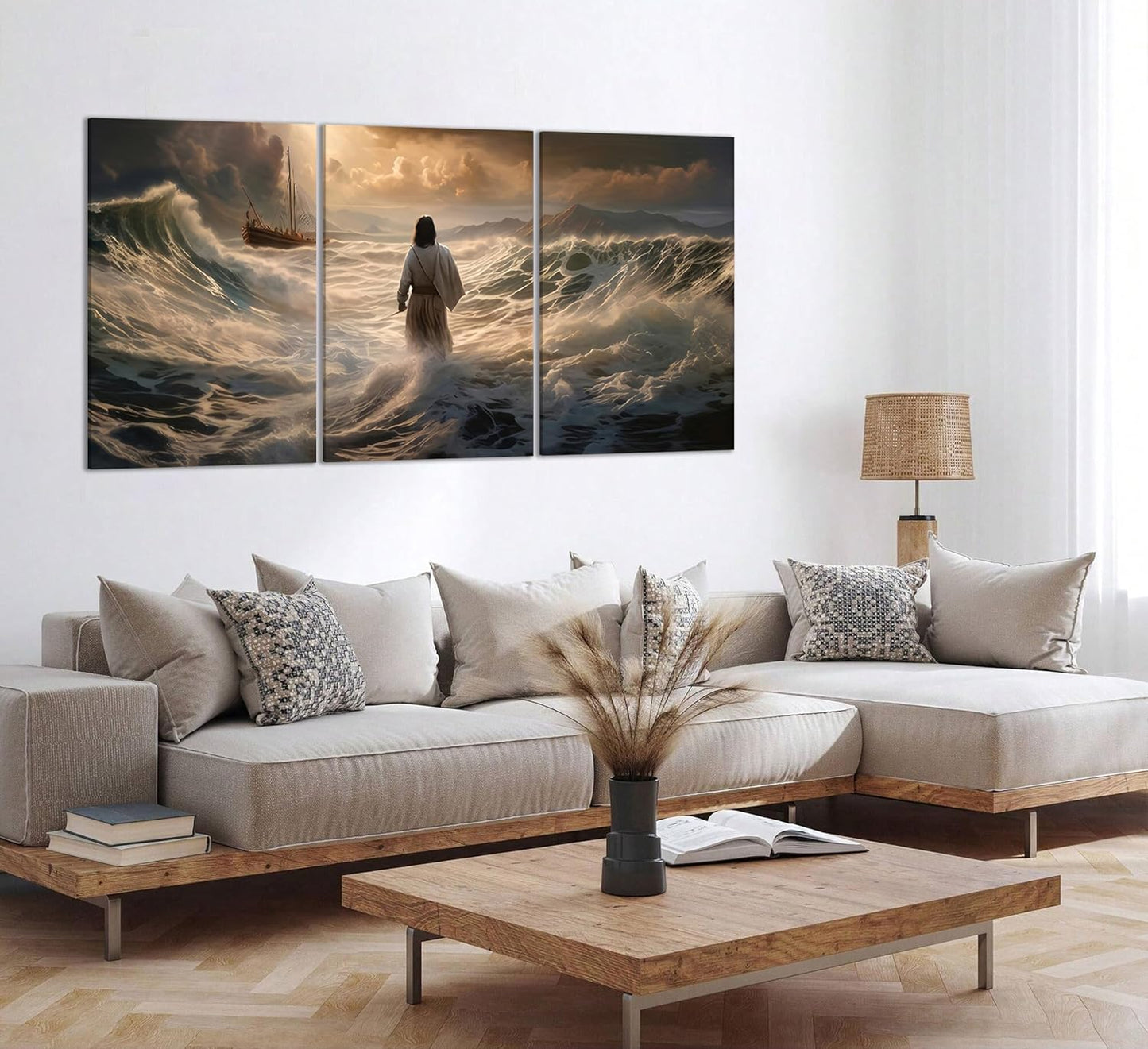 3Pcs Jesus Walking On Water Canvas Wall Art Christian Bible Stories Painting Picture Wall Decor Religious Spirit Faith Poster Print Artwork For Living Room Bedroom Church Ready To Hang