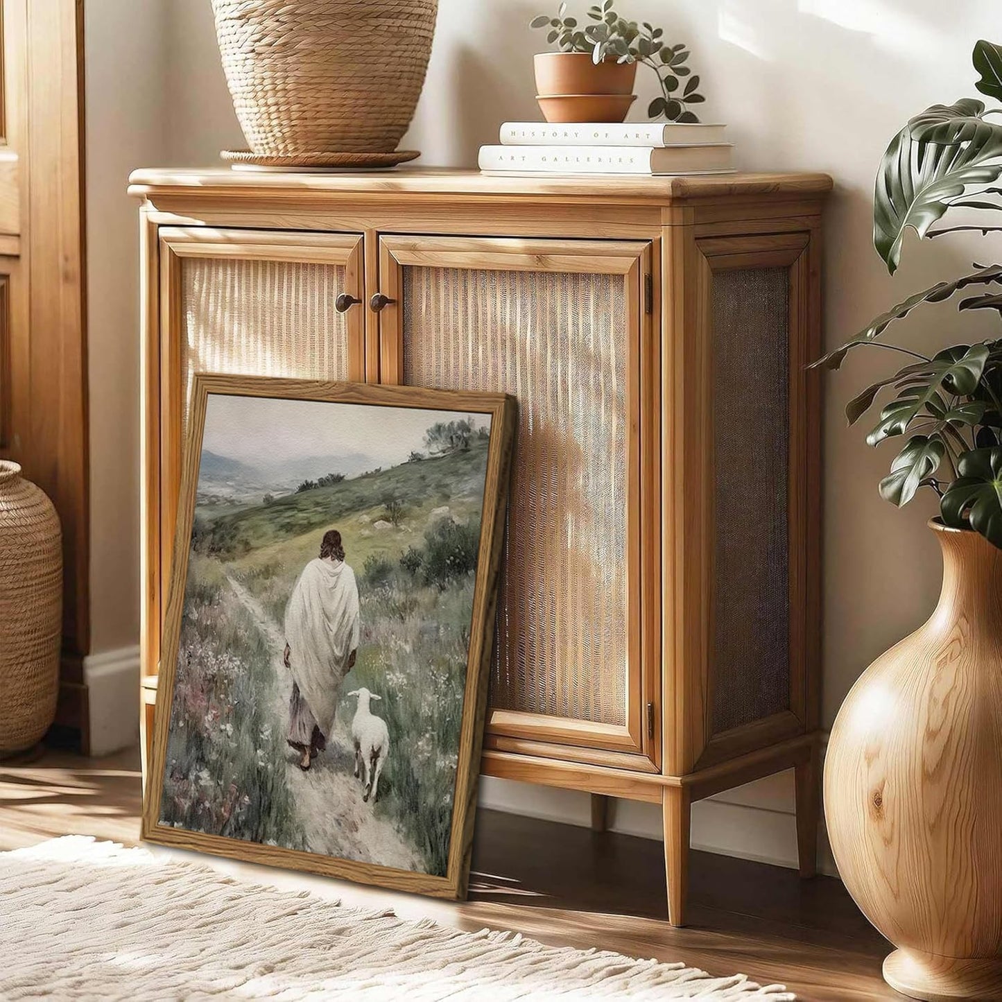Jesus and Lamb Wall Art 3D Textured Hand Drawn Sandstone Lost Lamb Wall Decor, Jesus Leaves the 99 Sheep Christian Paintings Artwork for Living Prayer Room Bedroom 24x36 inch Wood Framed