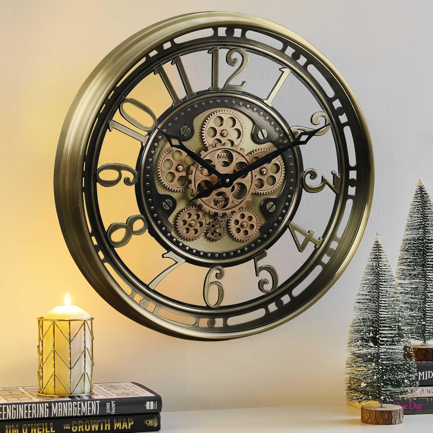 CLXEAST 21 Inch Moving Gear Wall Clock for Modern Farmhouse Living Room Decor,Large Industrial Steampunk Wall Clock for Home Office,Metal Copper Finished,House Warming Gifts New Home