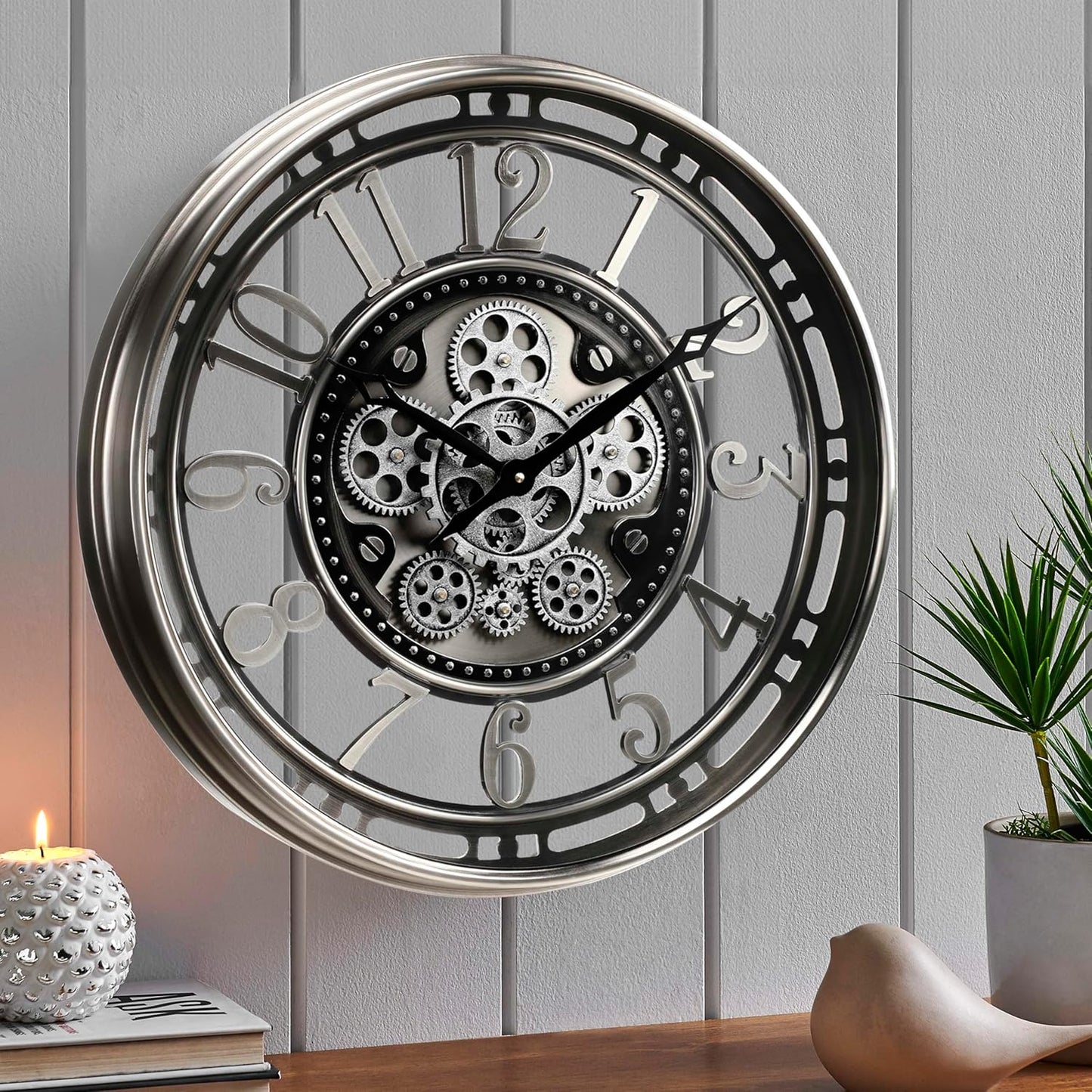 CLXEAST 21 Inch Moving Gear Wall Clock for Modern Farmhouse Living Room Decor,Large Industrial Steampunk Wall Clock for Home Office,Metal Copper Finished,House Warming Gifts New Home