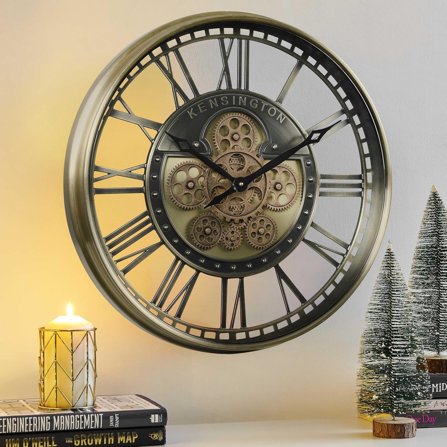 CLXEAST 21 Inch Moving Gear Wall Clock for Modern Farmhouse Living Room Decor,Large Industrial Steampunk Wall Clock for Home Office,Metal Copper Finished,House Warming Gifts New Home