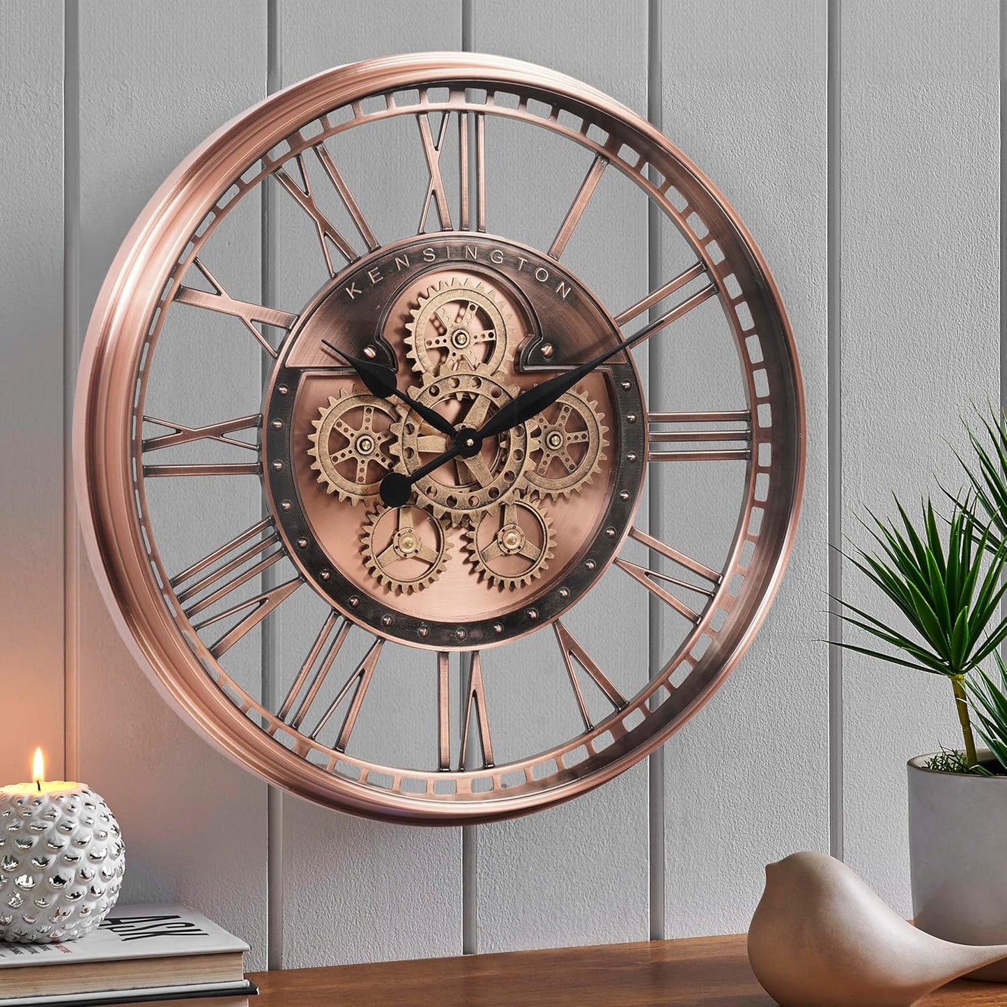 CLXEAST 21 Inch Moving Gear Wall Clock for Modern Farmhouse Living Room Decor,Large Industrial Steampunk Wall Clock for Home Office,Metal Copper Finished,House Warming Gifts New Home