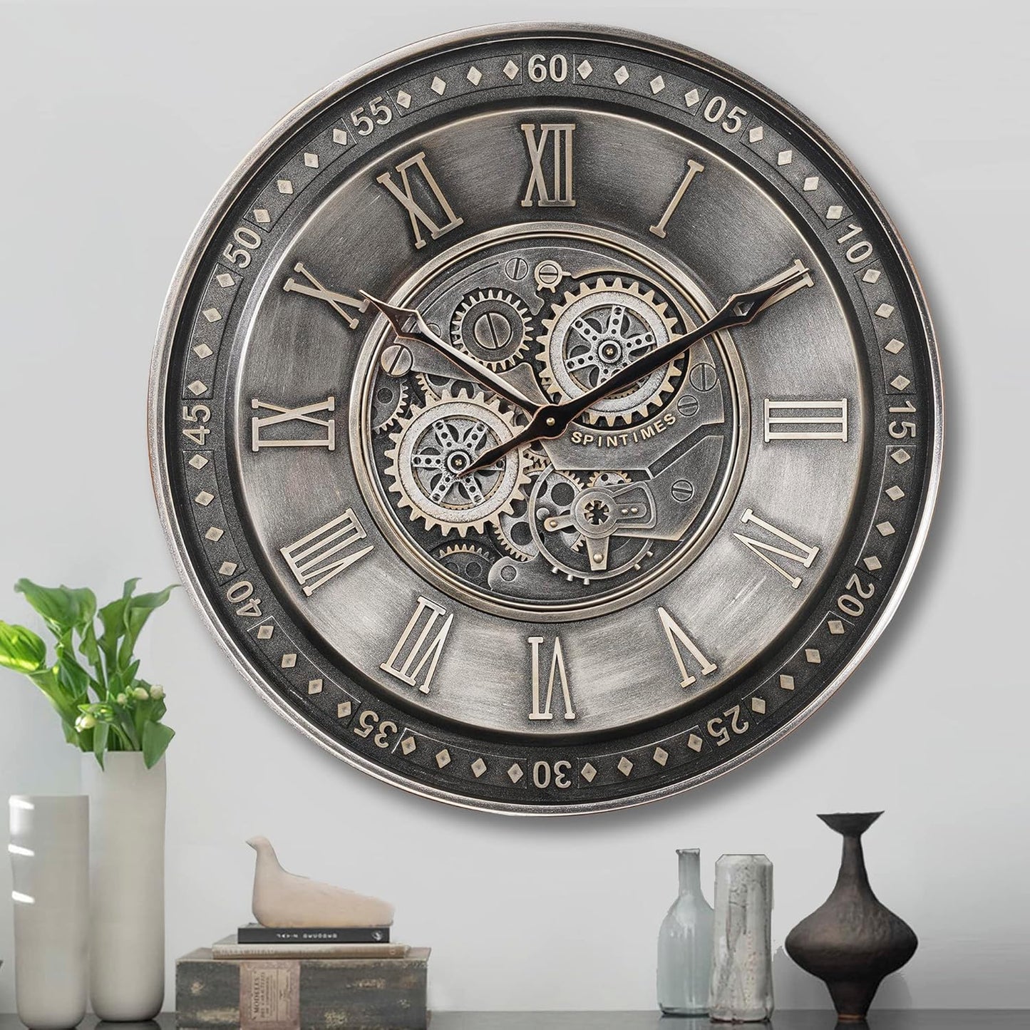 CLXEAST 24 Inch Wall Clock with Moving Gears,Oversized Large Industrial Steampunk Clock, Antique Gold Metal Roman Numeral Wall Clocks for Farmhouse Living Room Decor